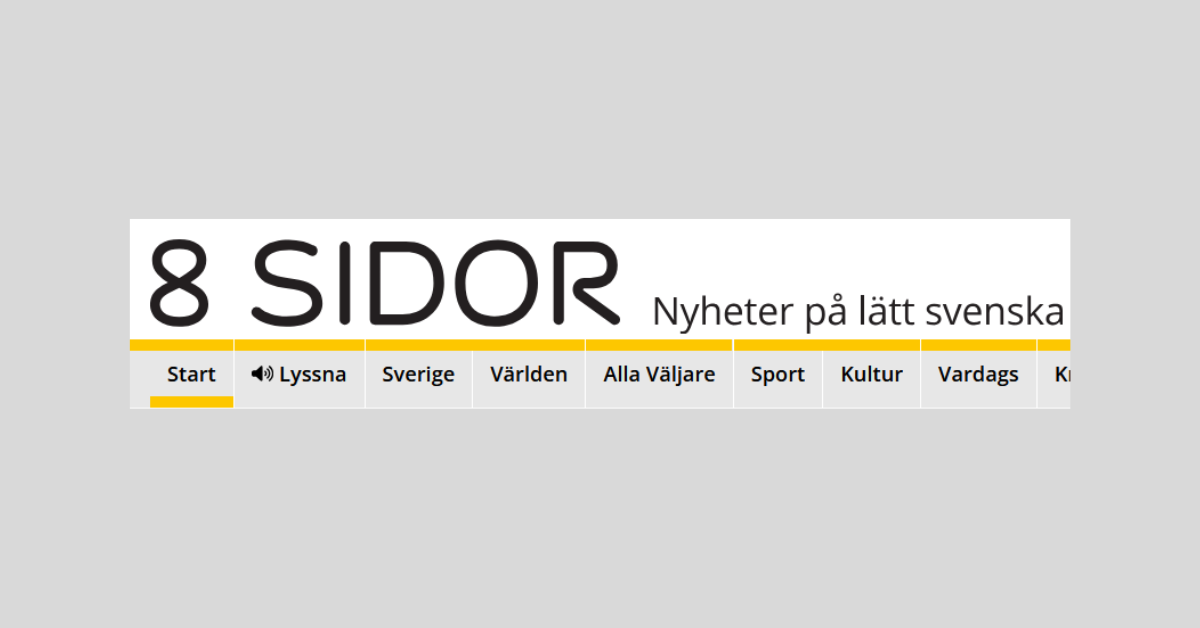 Olika nyhetskategorier på 8 sidors webbplats, tll exempel Sverige, världen och sport.